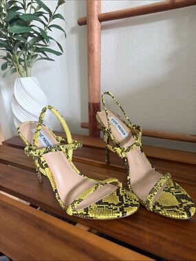 Steve Madden Yellow Snake-Print Strappy Stiletto Heels